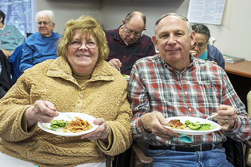  Attendees at a Living With Heart Failure Support Group at Chester County Hospital enjoy a low-sodium cooking demonstration.